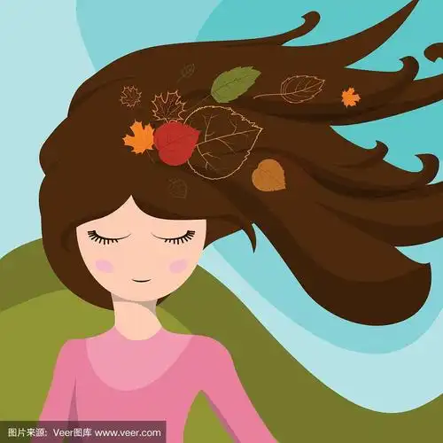 可爱的女孩,头发上有树叶,随风飘动.向量