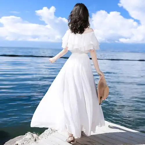 2019新款女装白色复古裙子雪纺连衣裙长裙泰国三亚沙滩裙海边度假