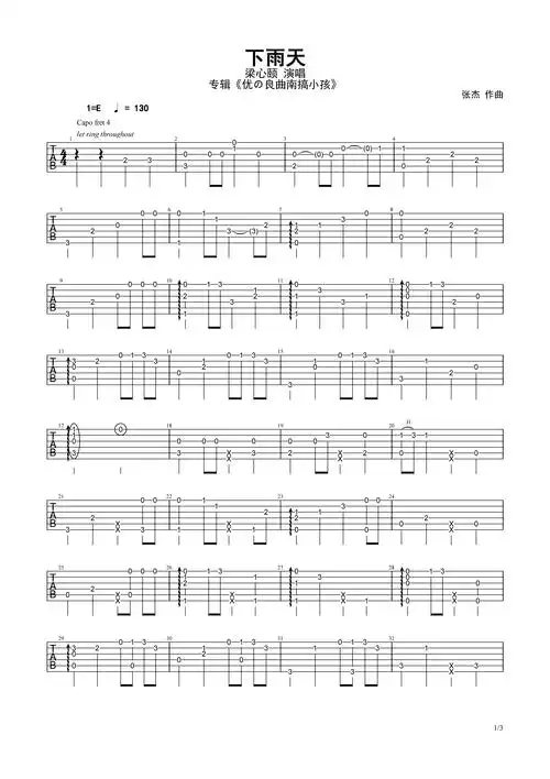 下雨天-梁心颐 指弹独奏谱-虫虫吉他:www.ccguitar.cn