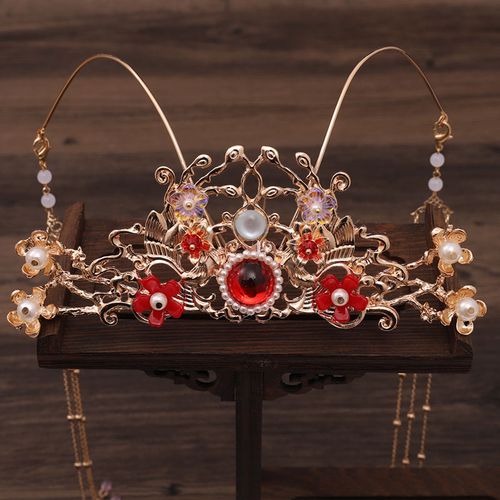 古风头饰盘发宫廷复古风步摇流苏发冠红宝石发簪汉服超仙古典发冠