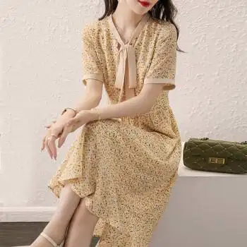女装休闲时尚碎花印花短袖a字裙韩版显瘦超仙气质蝴蝶结系带裙子夏天