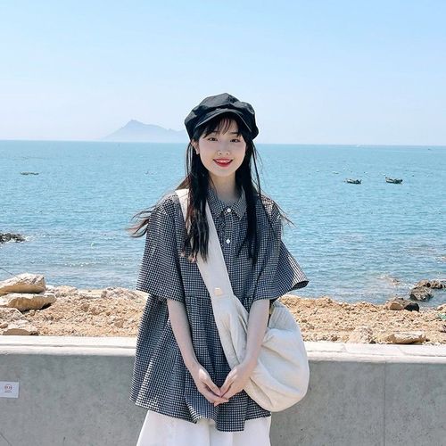 日系复古格子短袖衬衫女夏夏季设计感小众衬衣韩系宽松娃娃衫上衣