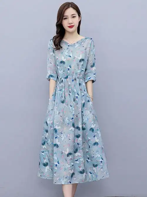 显瘦苎麻连衣裙女夏季2022年新款气质名媛别致漂亮棉麻花裙子显白