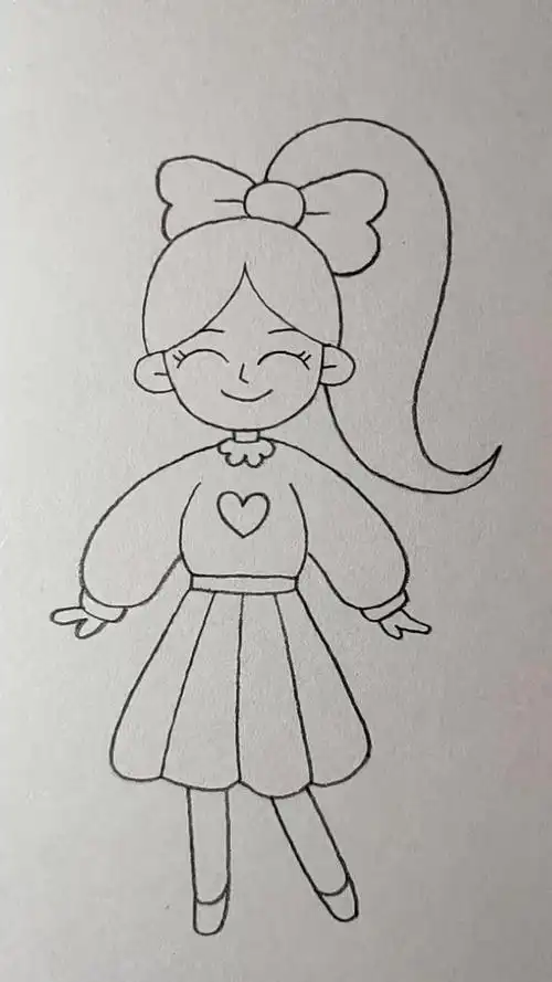 画开心快乐的马尾辫女孩