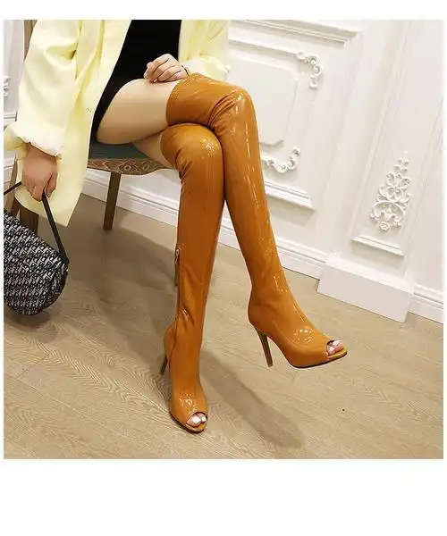 鱼嘴漆皮过膝长靴性感靴子女夏夜店超高跟长筒靴钢管舞高跟鞋大码
