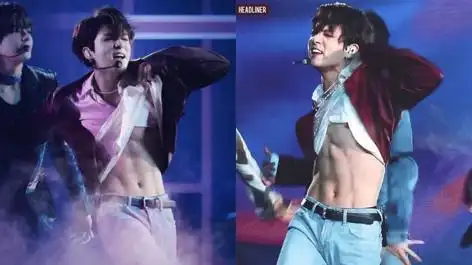 的成员,之前柾国就曾在演出中一手拉起衣服,展现出有著精实线条的腹肌