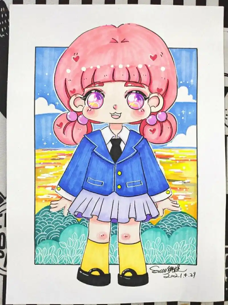 原创马克笔手绘之校服女孩 校服代表青春年少 我们都曾青春年少 背景