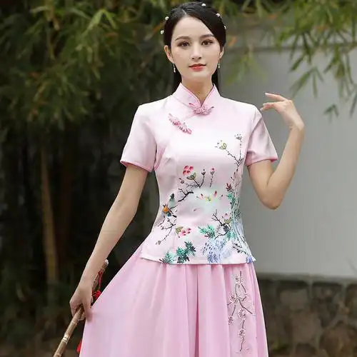 旗袍夏季新款低开衩短斜襟花色民族风上衣短袖旗袍