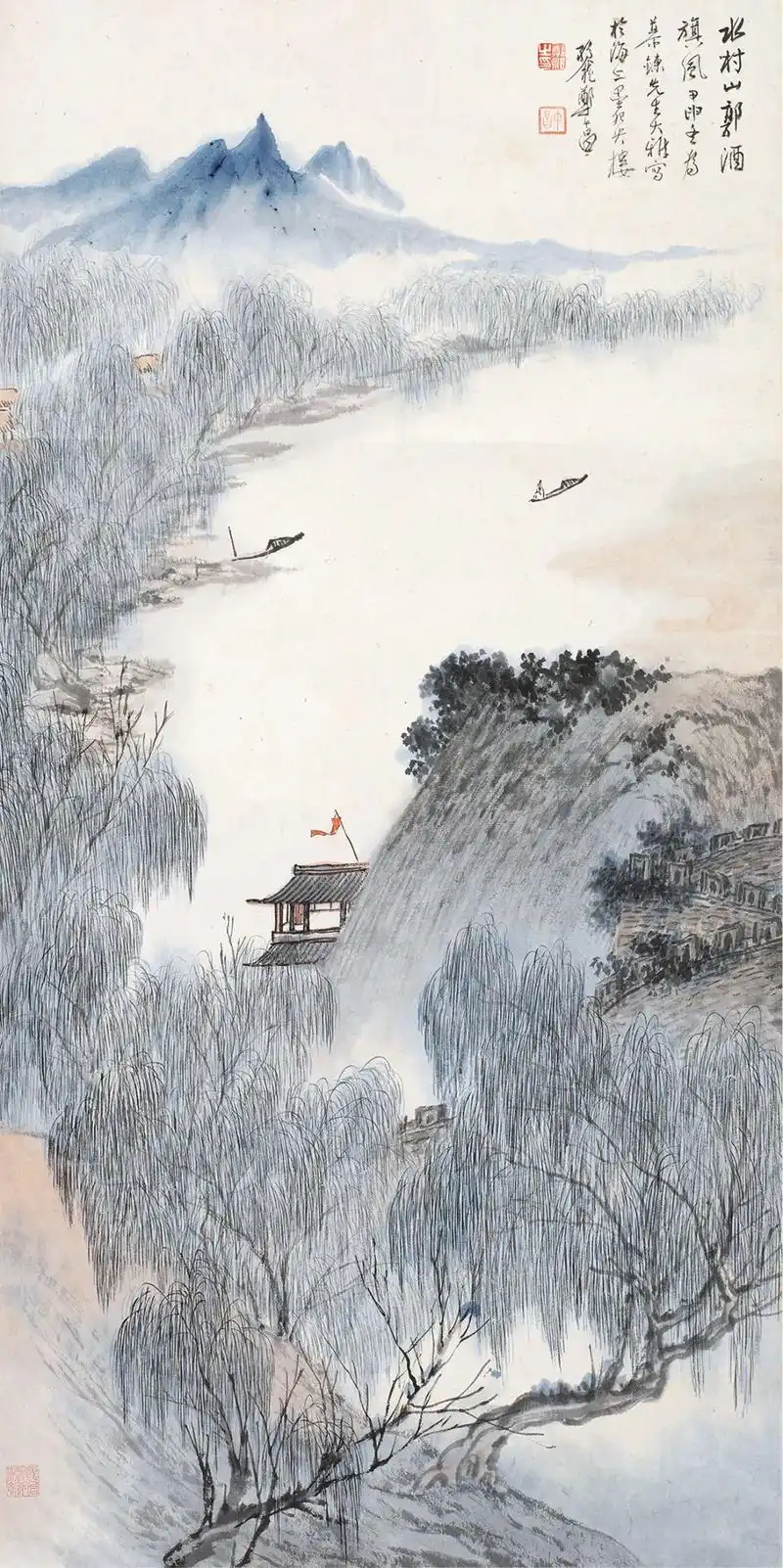 lot.387 郑午昌(1894-1952) 水村图 立轴 设色纸本 67.