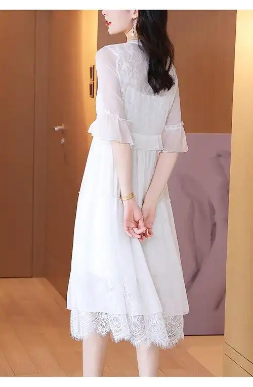 白色连衣裙女夏季2022新款气质洋气温柔风感真丝桑蚕丝长裙子白色s