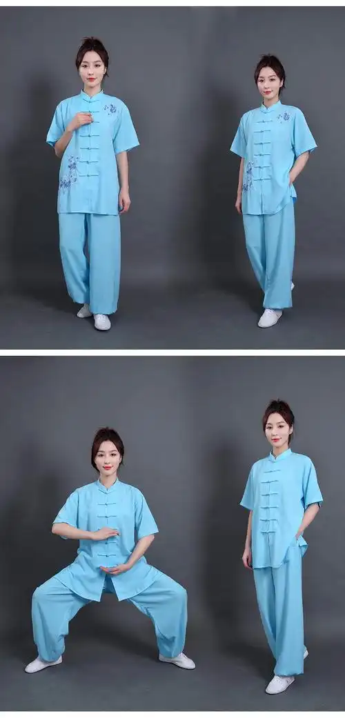 时尚新款绣花女装亚麻棉麻透气太极拳练功服装夏季开衫短袖粉色绣花xs