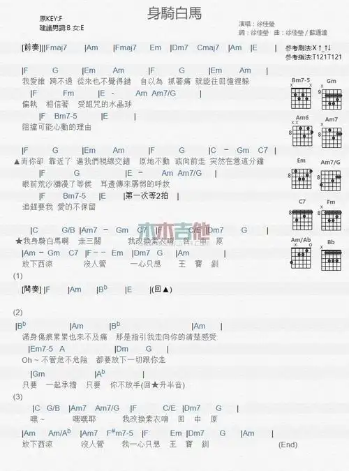 身骑白马_吉他谱_徐佳莹曲谱图片第1张