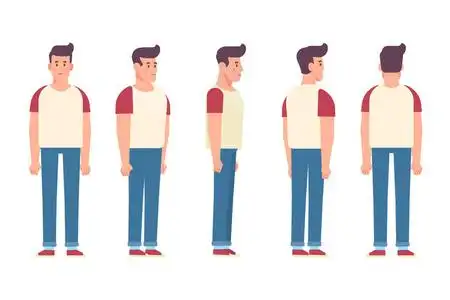 正面背面3/4视图字符. 身体的不同部分. 卡通风格平面矢量插图.照片