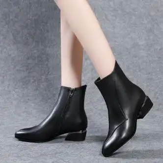 新款尖头切尔西短靴女秋冬款单靴加绒内里中跟粗跟真皮女鞋黑色单里35