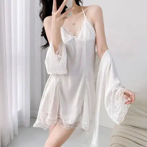 冰丝睡衣性感诱惑女士吊带睡袍丝绸夏季长袖家居服丝睡裙网纱