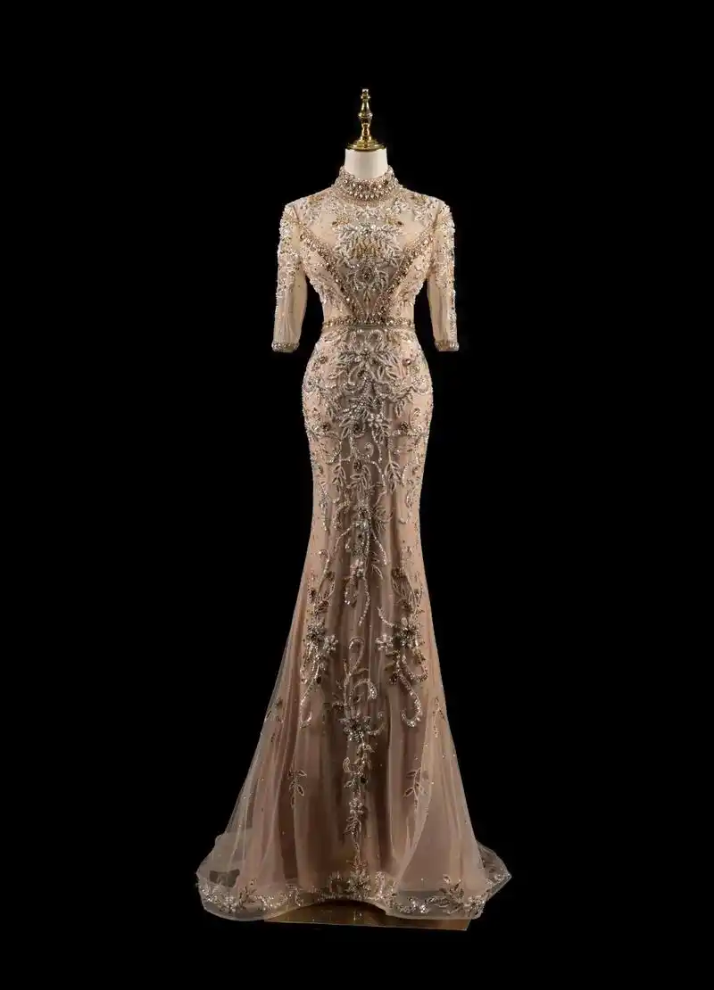 h1825宫廷复古风手工钉珠烫钻礼服两穿设计