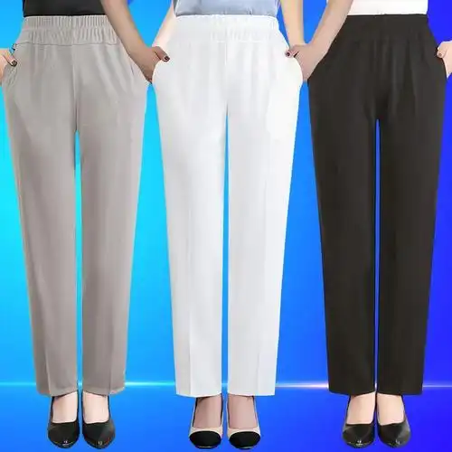 白色xl建议90115斤中老年女裤夏季冰丝薄款妈妈裤子外穿直筒高腰休闲