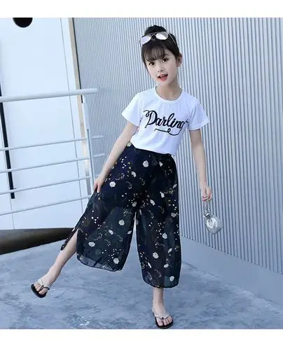 t恤阔腿裤裙韩版女孩衣服两件套中大童3-14岁女学生夏天阔腿裤套装