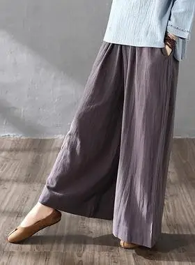 文艺棉麻阔腿裤宽松纯色长裤女裤蒲席布衣复古大码亚麻休闲裤