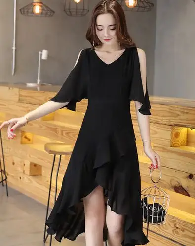 宽松韩风收腰v领喇叭袖不规则下摆连衣裙女裙子