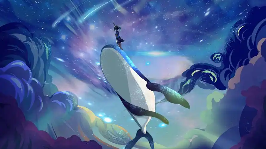 世界海洋日鲸鱼视频素材简洁蓝色卡通女孩鲸鱼横版创意背景展示视频