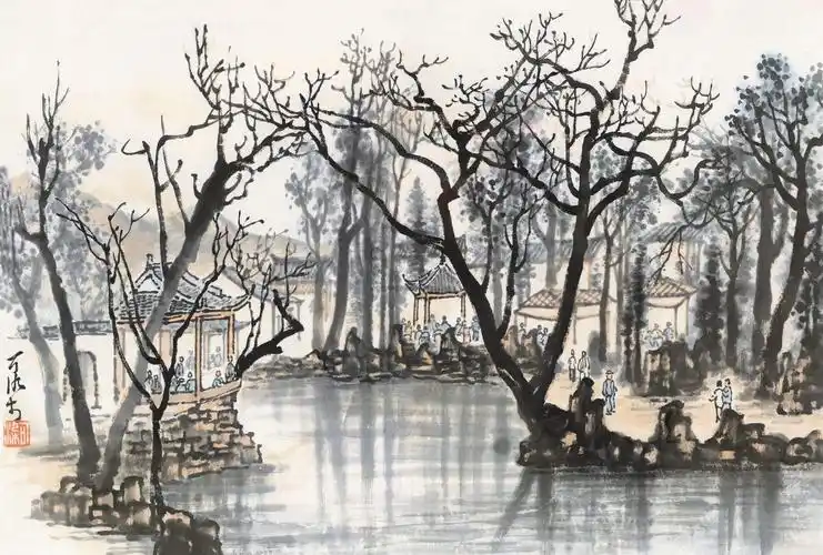 0082江南园林小景镜心带框设色纸本