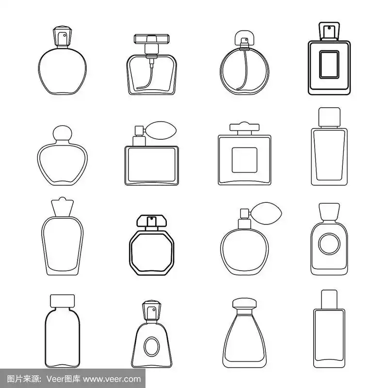矢量香水图标设置在线条艺术风格孤立的白色背景.