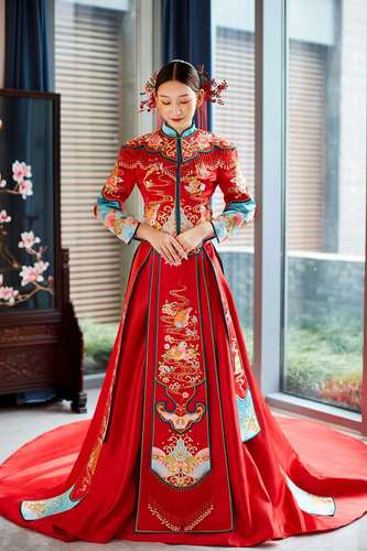 倒叙品牌定制秀禾中式女装长袍马褂新娘唐装旗袍