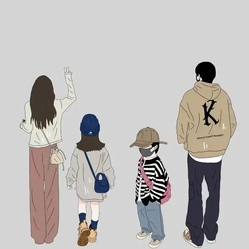 原创手绘亲子头像一家四口儿女双全一拖二 有一种幸福叫我有一个女儿