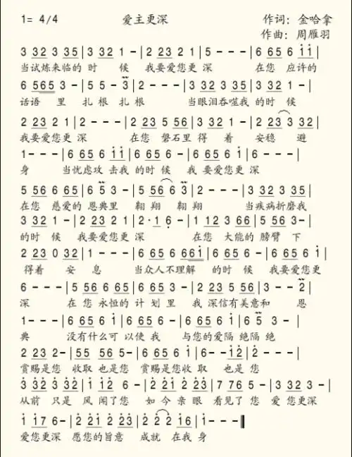 >(爱主更深 简谱) / 南窗听雨编辑相关歌谱:[简谱]第10首 -爱主更深歌