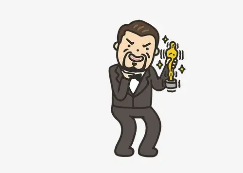 矢量卡通小李子怀抱小金人颤抖