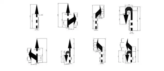可在交叉口出口处增设预告导向箭头1组—2组,预告导向箭头尺寸大小