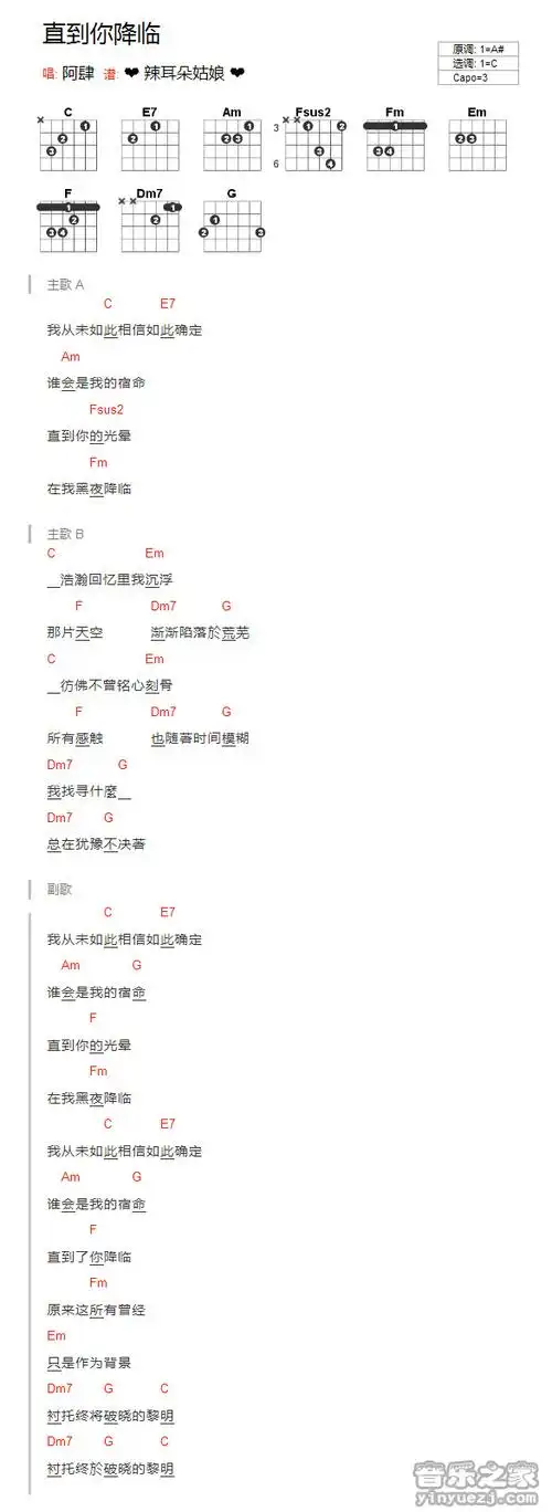 直到你降临吉他谱,c调版 阿肆吉他和弦弹唱谱
