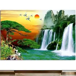 高山流水自然风光自粘风景画红太阳画招财风水画旺宅聚财墙壁贴画