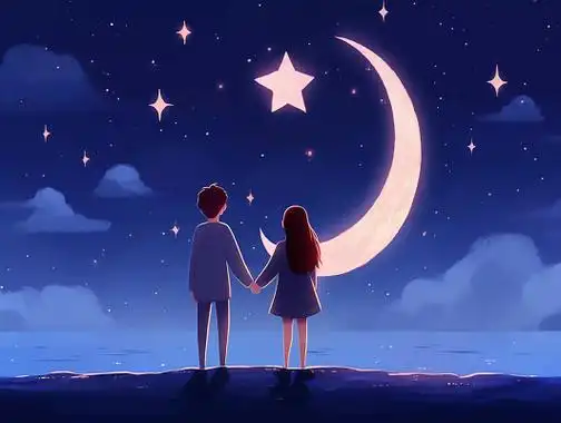 情侣牵手在夜晚欣赏星空唯美浪漫情人节爱情双人手绘插画温馨氛围感