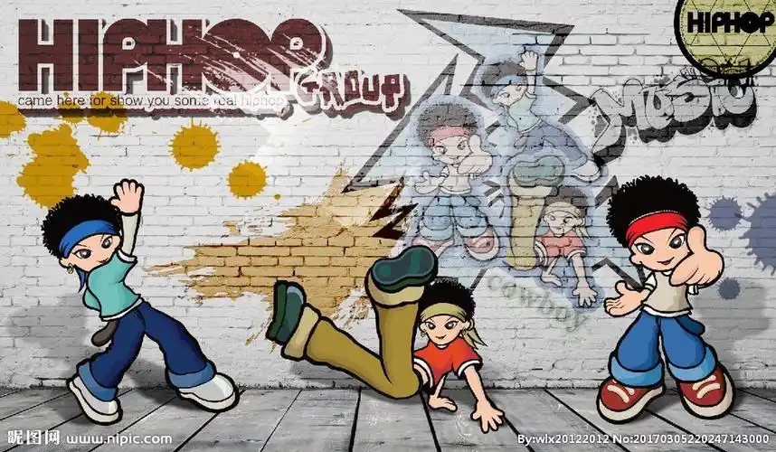 卡通街舞小子砖墙背景图片