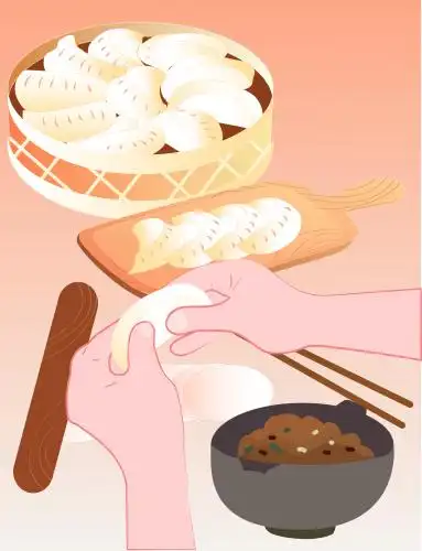 春节包饺子的手矢量插画