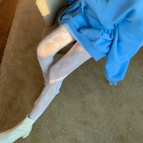 性感蕾丝打底袜春季2022款渔网长袜外穿连脚裤袜丝袜女镂空袜子 白色