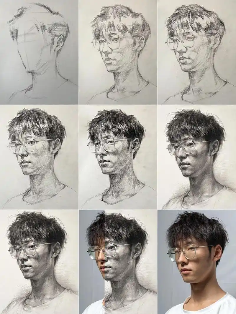 海霆素描头像-戴眼镜男青年步骤图.起稿:首先,我们需要确定人 - 抖音