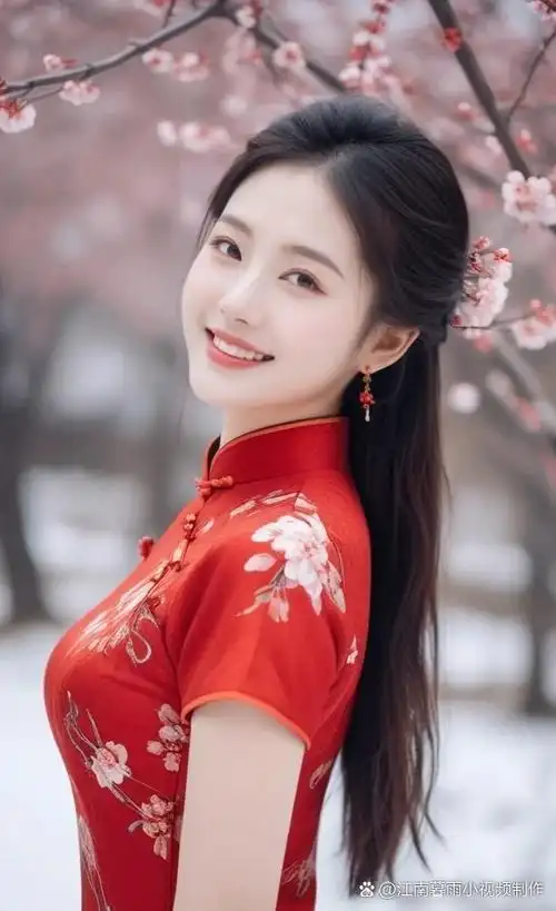 梅花女神身着红色旗袍,白色花朵点缀其上,宛如冬日里的一抹暖阳.