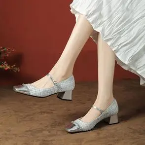 2014春秋小香风拼色方头粗跟高跟鞋女单鞋浅口玛丽珍一字扣带女鞋