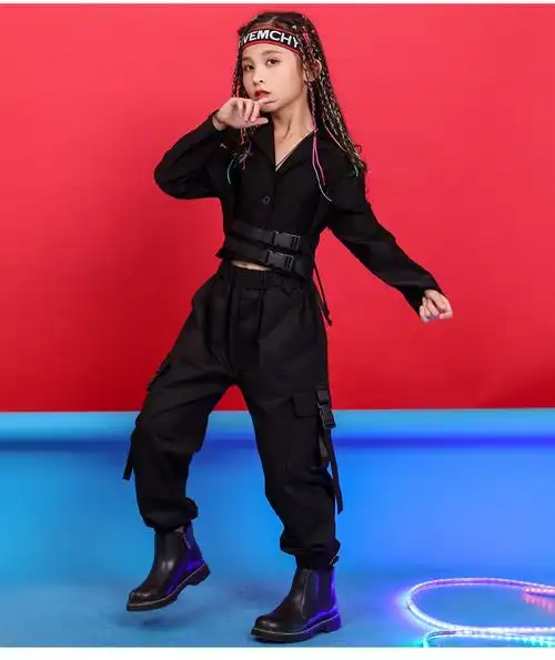 女童爵士舞服装儿童嘻哈街舞潮服女孩走秀工装裤套装模特形体训练