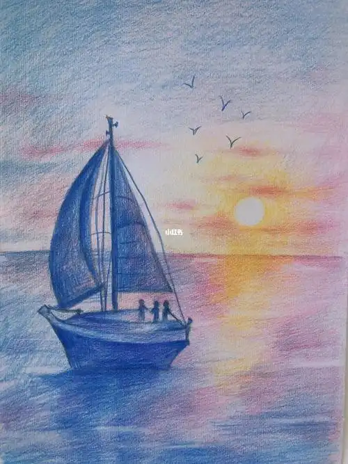 彩铅绘画帆船海平线