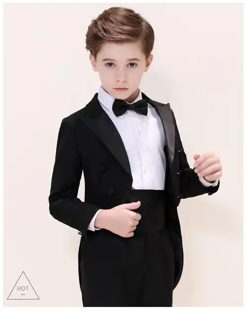 钢琴演出服男孩走秀西装 x0021燕尾服 长裤 白长袖衬衣 黑腰封 黑领结