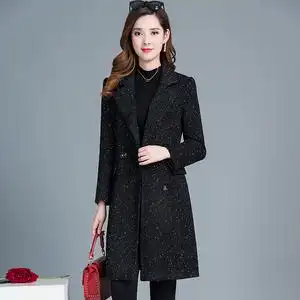 毛呢外套女秋装2020年新款西装领修身显瘦中长款女士黑色呢子大衣