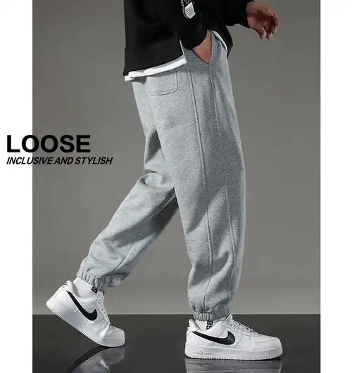 花花公子春季灰色卫裤青少年裤修身潮流男束脚男生长裤子2024新款