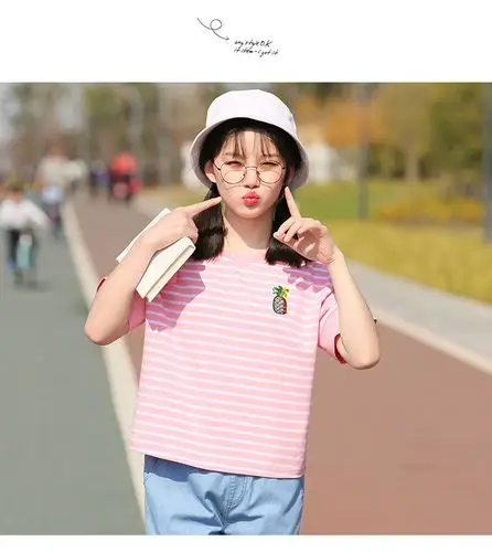 朴素少女中学生条纹圆领短袖t恤 1008238
