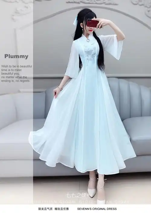 艳如飞七七之缘白青色银绣长裙夏季新款修身显瘦高腰仙女雪纺连衣裙