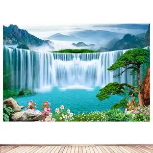 山水瀑布流水生财迎客松花草树木招财办公室餐厅墙贴画壁挂画自粘