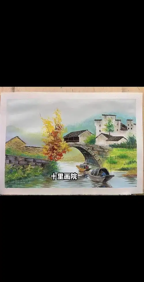 春天风景画水粉画丙烯画油画古镇风景西递宏村水粉画#徽派建筑-度小视